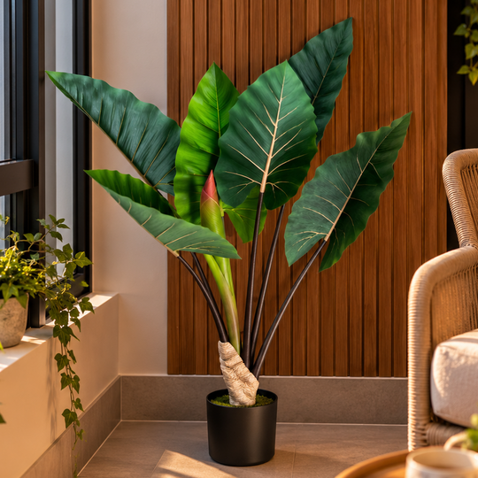 Mesterséges alocasia növény széles levelekkel, 100 cm, zöld