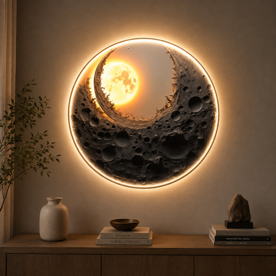 Tablou Decorativ cu iluminare LED Eclipsa de Aur, Diametru 80 cm, 24W, Lumina Neutra, Aliaj de Aluminiu si MDF