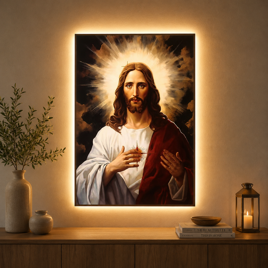 Tablou Decorativ cu iluminare LED Inima Sacra a lui Iisus, 60 x 80 cm, 24W, Lumina Neutra, Aliaj de Aluminiu si MDF
