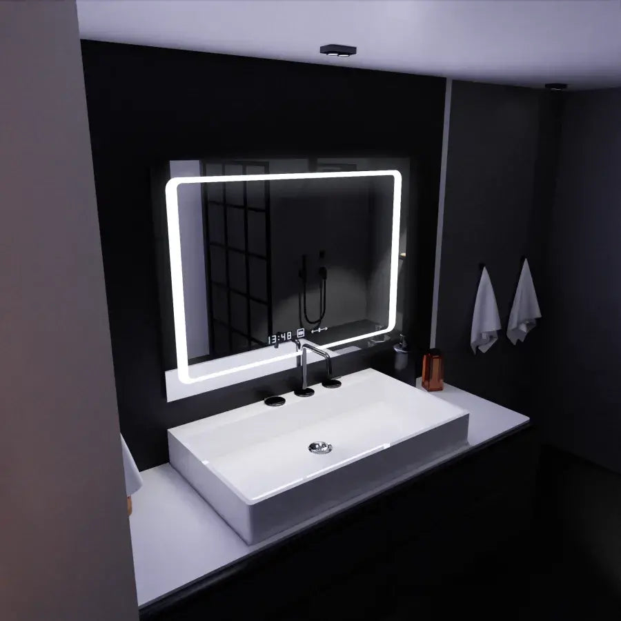 Téglalap alakú LED -tükör, 90x60 cm, egyetlen érzékelő Marcello, depoilációs rendszer, óra és hőmérő, dimálva