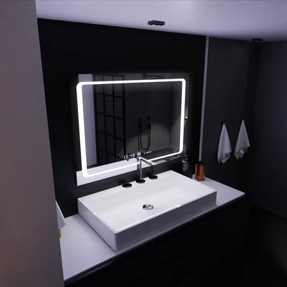 Téglalap alakú LED -tükör, 90x60 cm, egyetlen érzékelő Marcello, depoilációs rendszer, óra és hőmérő, dimálva