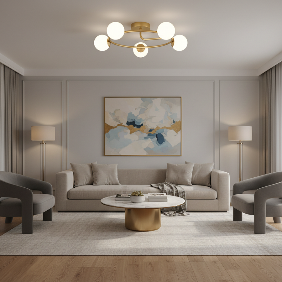 LED és kristály csillár ORBIT, 72cm, 5xE27, Globes, Gold