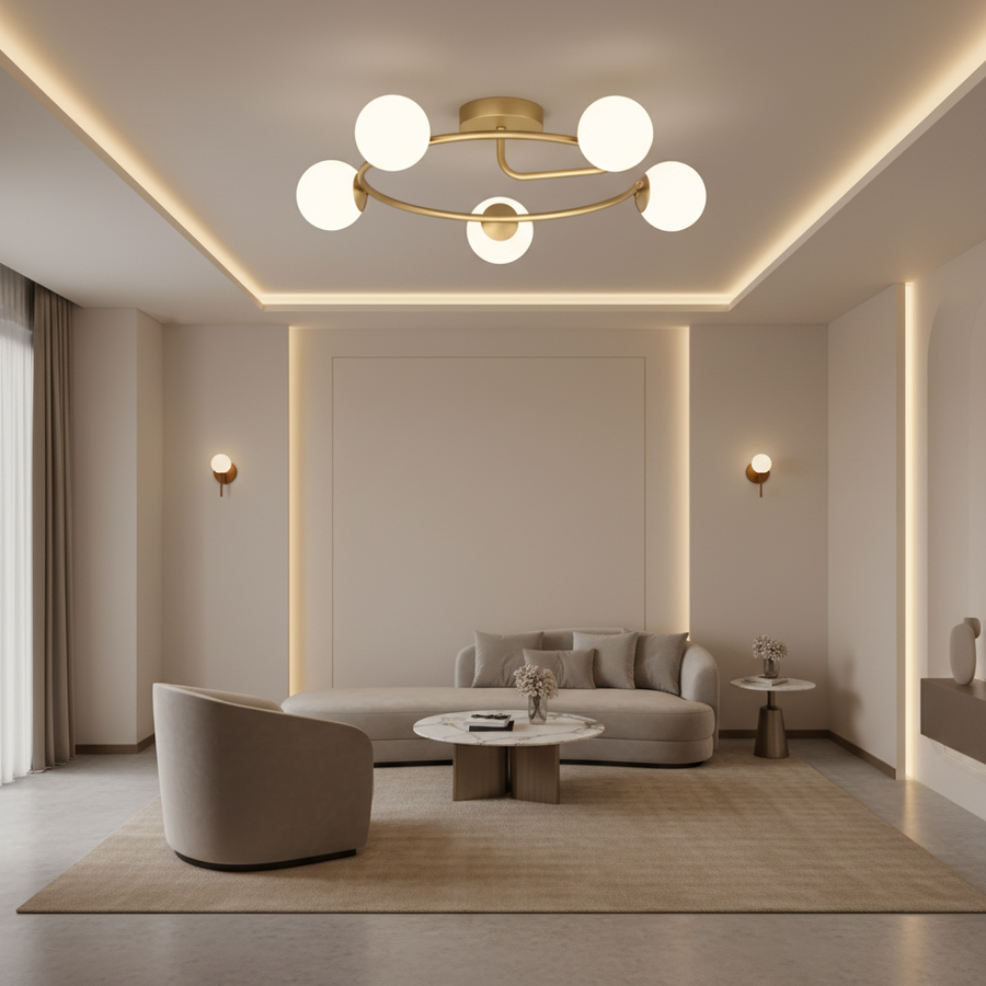 LED és kristály csillár ORBIT, 72cm, 5xE27, Globes, Gold