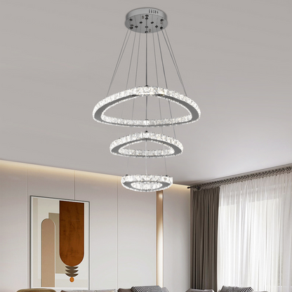 LED -csillár, távirányítóval és Crystal Mia Latifah 70W -vel felfüggesztve, 2 kör, hideg/forró/semleges fény, instabil, fényes króm, állítható magasság