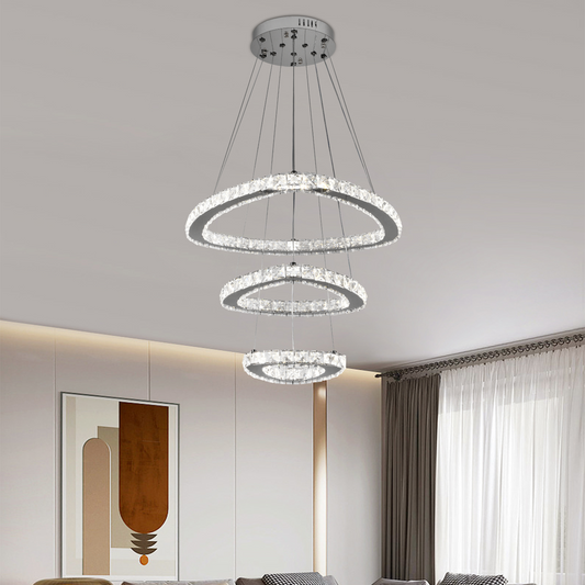LED -csillár, távirányítóval és Crystal Mia Latifah 70W -vel felfüggesztve, 2 kör, hideg/forró/semleges fény, instabil, fényes króm, állítható magasság