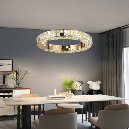 LED csillár távirányítóval, LLC135/1GD, kristály és fém, 48 W, 1 kör, szabályozható, állítható magasság, hideg/meleg/semleges fény, luxus világítás