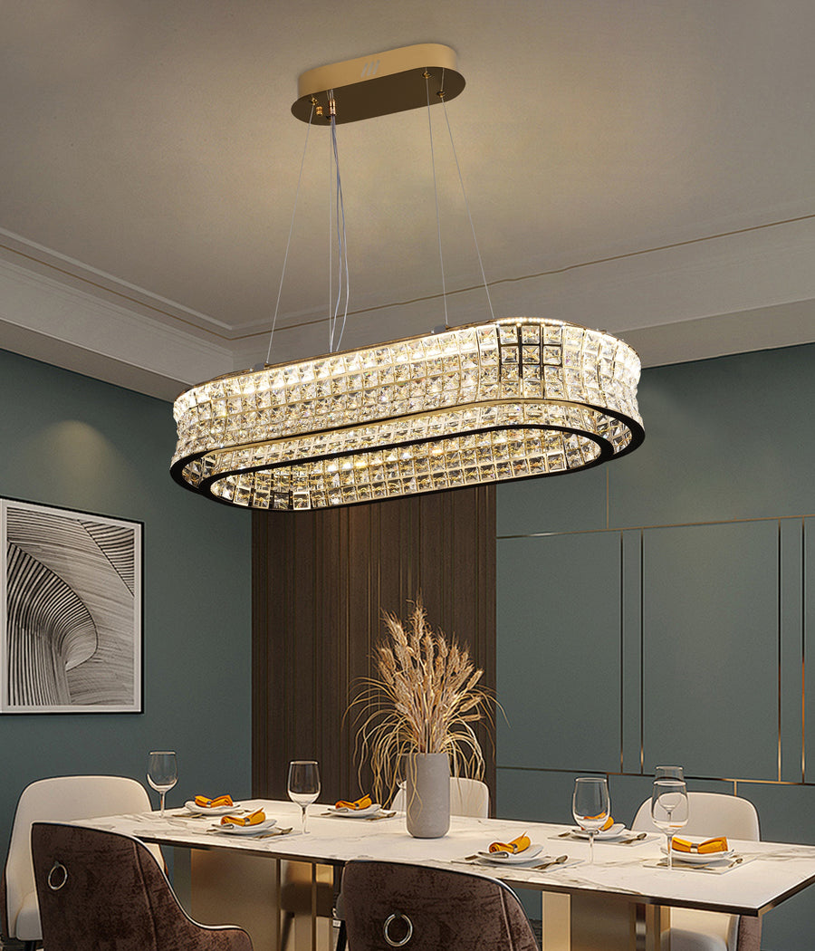 LED csillár távirányítóval, LLC160/750X350GD, kristály és fém, 71 W, szabályozható, állítható magasság, hideg/meleg/semleges fény, luxus világítás