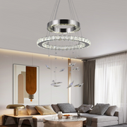 LED -csillár, távirányítóval és Crystal Mia Latifah 70W -vel felfüggesztve, 2 kör, hideg/forró/semleges fény, instabil, fényes króm, állítható magasság