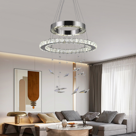 LED -csillár, távirányítóval és Crystal Mia Latifah 70W -vel felfüggesztve, 2 kör, hideg/forró/semleges fény, instabil, fényes króm, állítható magasság