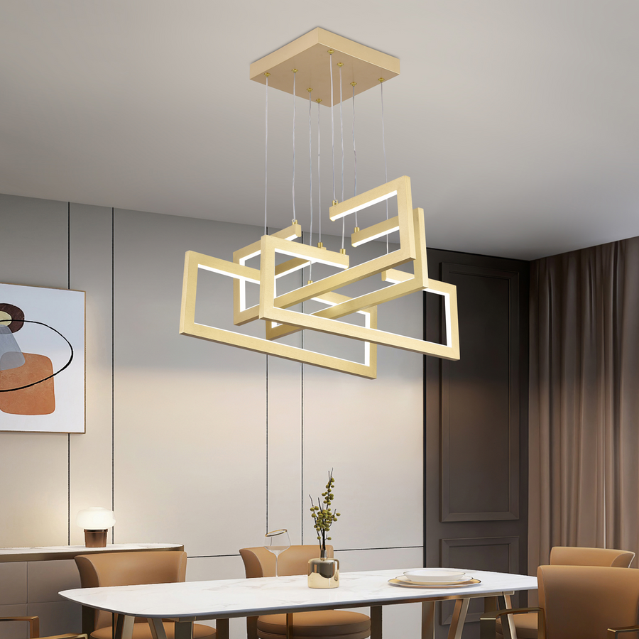 Lustra LED cu telecomanda ,Suspendata 98W, 4 Elemente, lumina Rece/Calda/Neutra, Dimabila, Inaltime Reglabila, Auriu