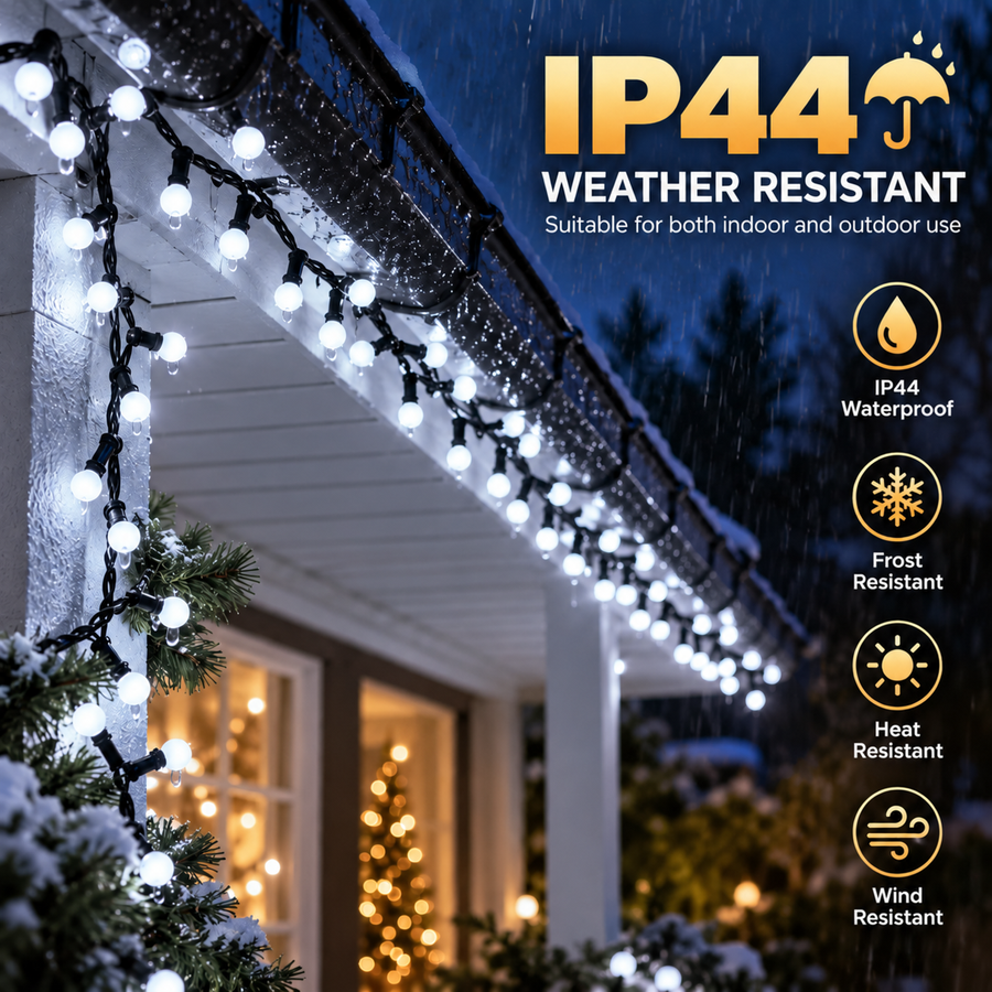 Lineáris karácsonyi telepítési típusú mini gömbök, hideg fény, 1000 cm, 300 LED, IP44