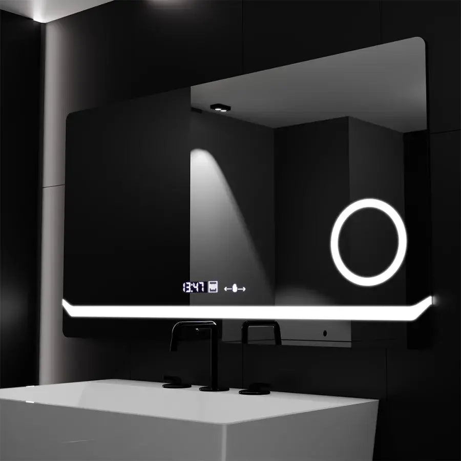 Téglalap alakú LED -tükör, 80x60 cm, definíciós mozgásgátló marcello, letiltási rendszer, óra és hőmérő, kozmetikai nagyító