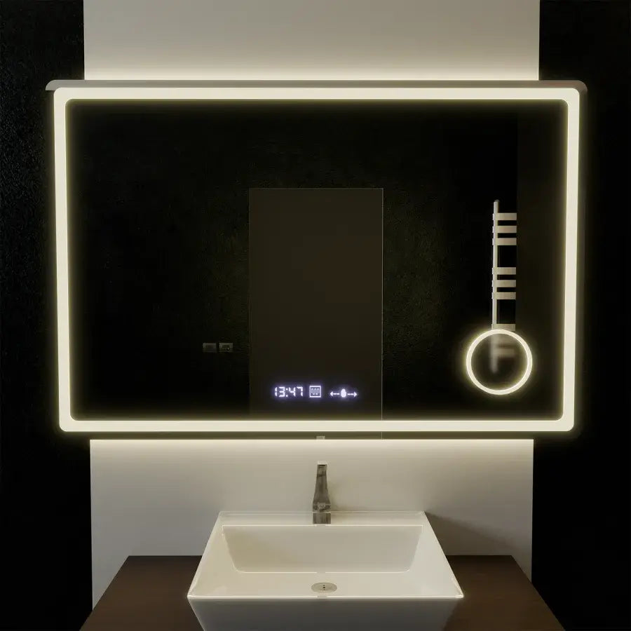 Téglalap alakú LED -tükör, 120x80 cm, Souverain MotionGlow Marcello, leolvasztási rendszer, óra és hőmérő, kozmetikai lupa, dimablable