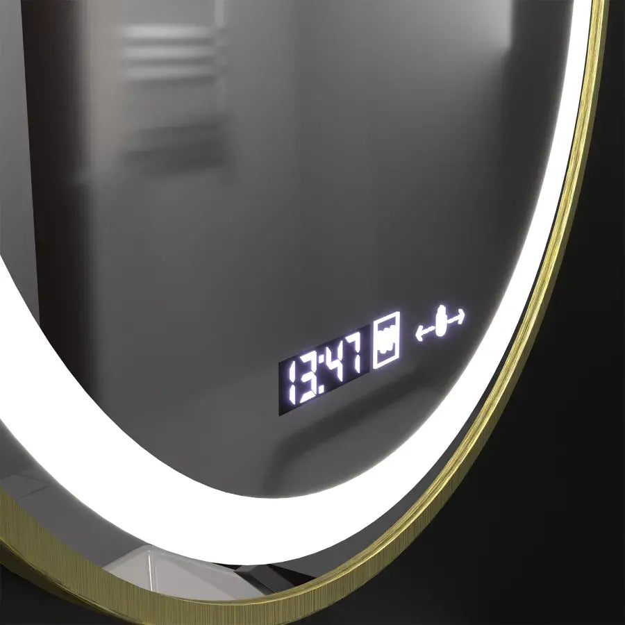 Kerek LED -tükör, 60 cm, Celeste Royale Gold Motionglow Marcello, helyettes rendszer, óra és hőmérő, dimálható