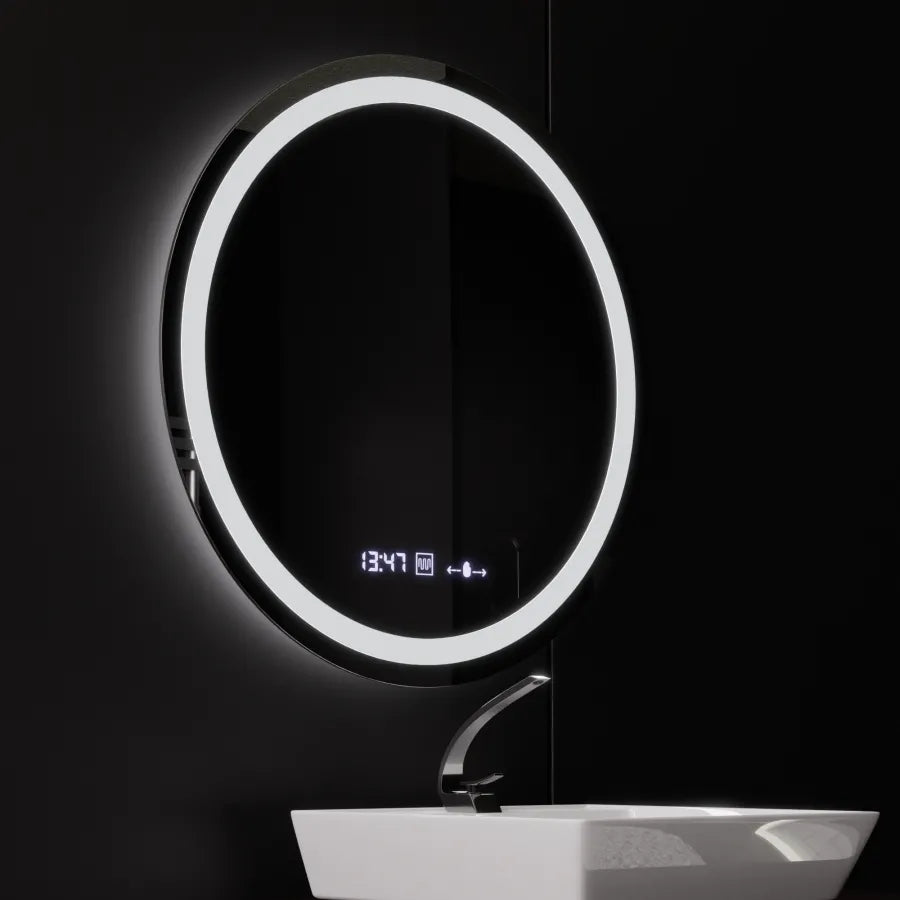 Kerek LED -tükör, 80 cm, Celeste Motionglow Marcello, Leírásító rendszer, óra és hőmérő, dimálható
