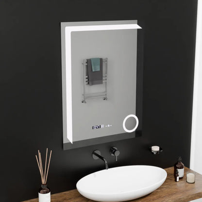Téglalap alakú LED -tükör, 60x80 cm, precíziós mozgásgátló marcello, letiltási rendszer, óra és hőmérő, kozmetikai nagyító