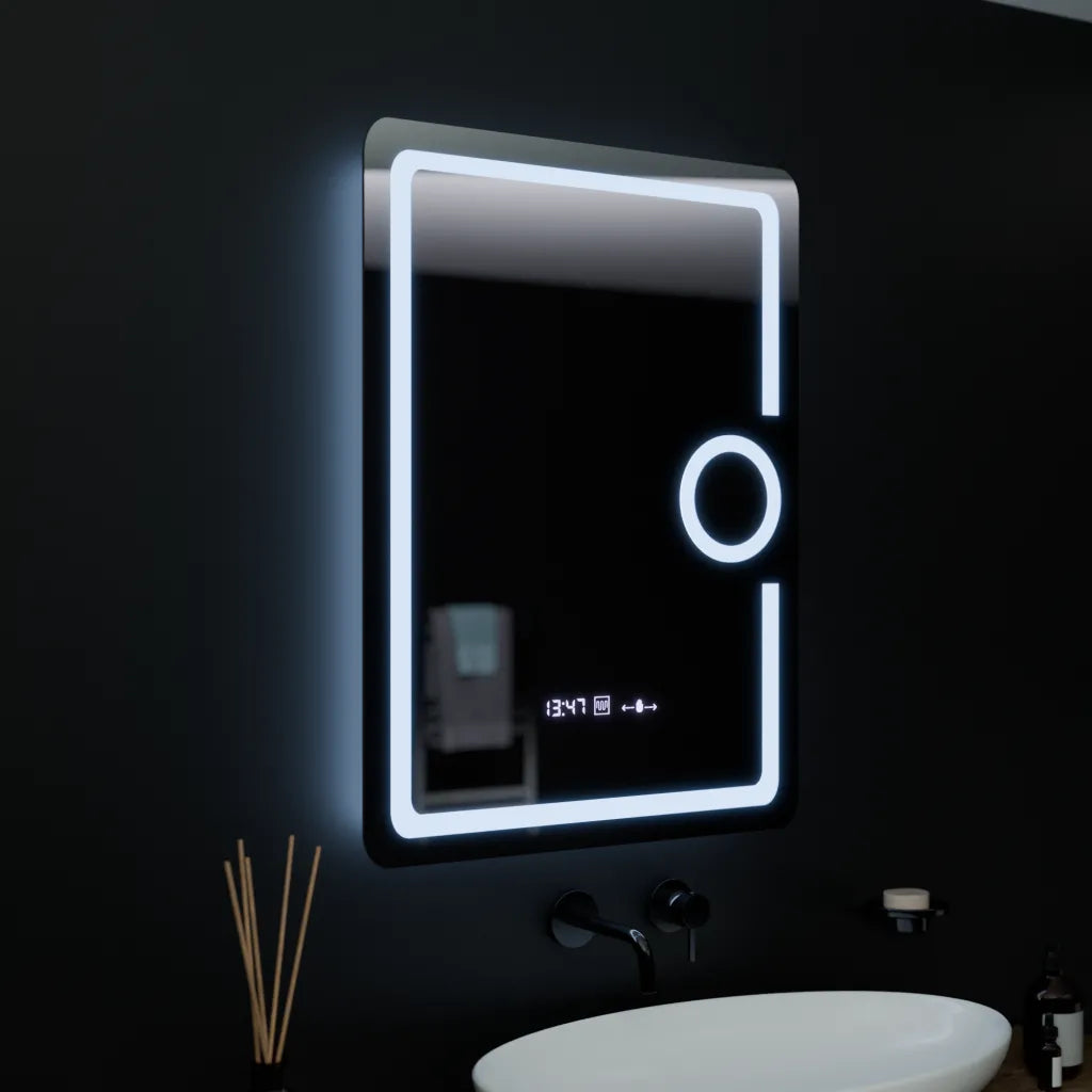 Téglalap alakú LED -tükör, 60x80cm, Eclat MotionGlow Marcello, óra és hőmérő, leolvasztási rendszer, kozmetikai lup