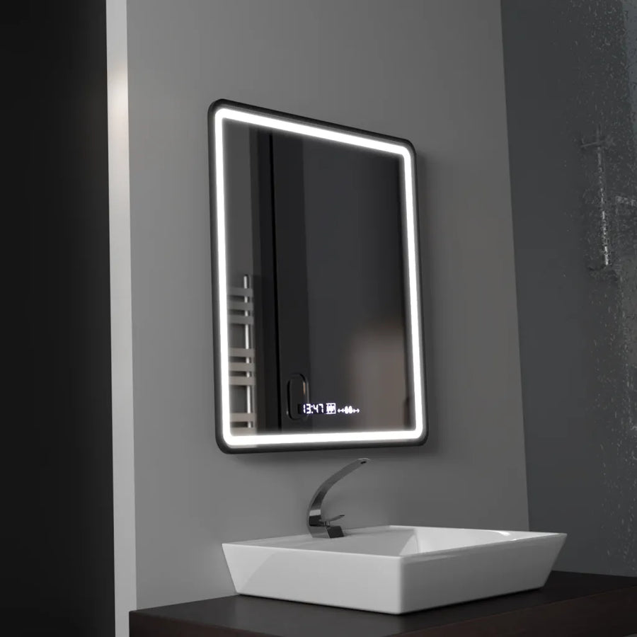 Téglalap alakú LED -tükör, 75x90 cm, Favola Motionglow Marcello, helyettes rendszer, óra és hőmérő, dimálható