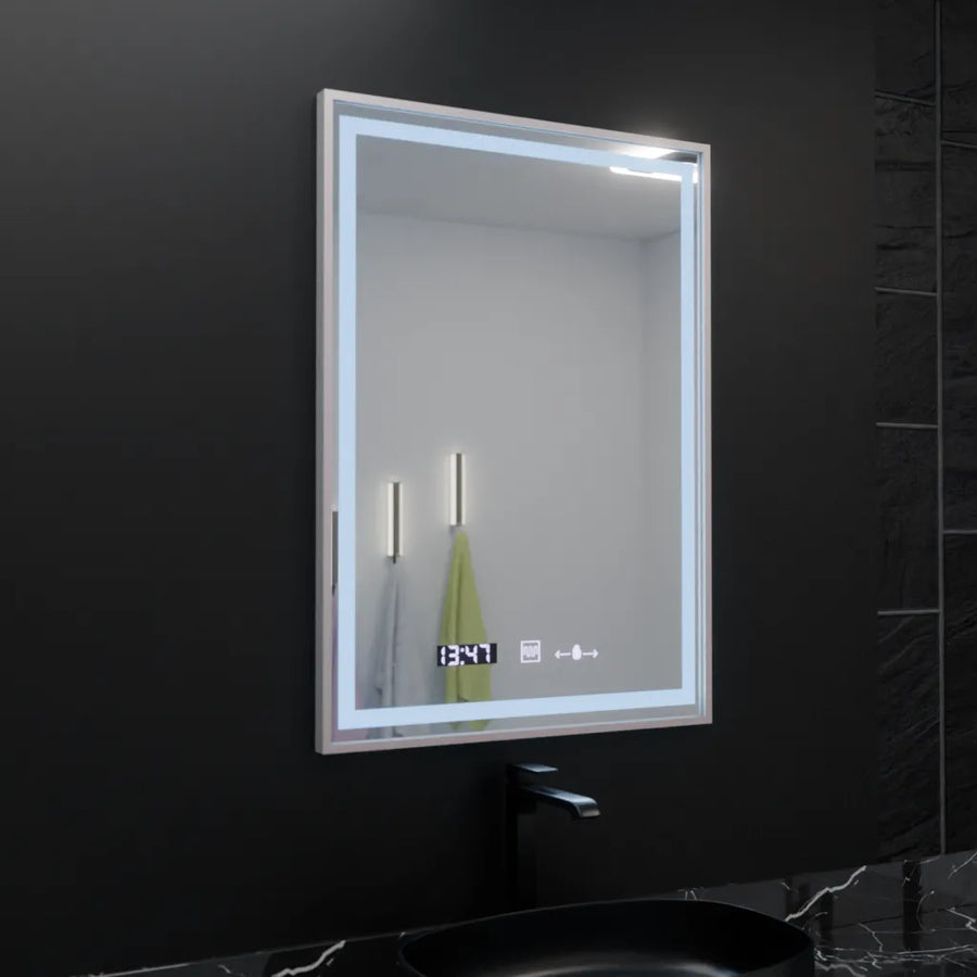 Téglalap alakú LED -tükör, 60x80 cm, verites birodalmi ezüst mozgás Glow Marcello, Deprover, óra és hőmérő, Dimable