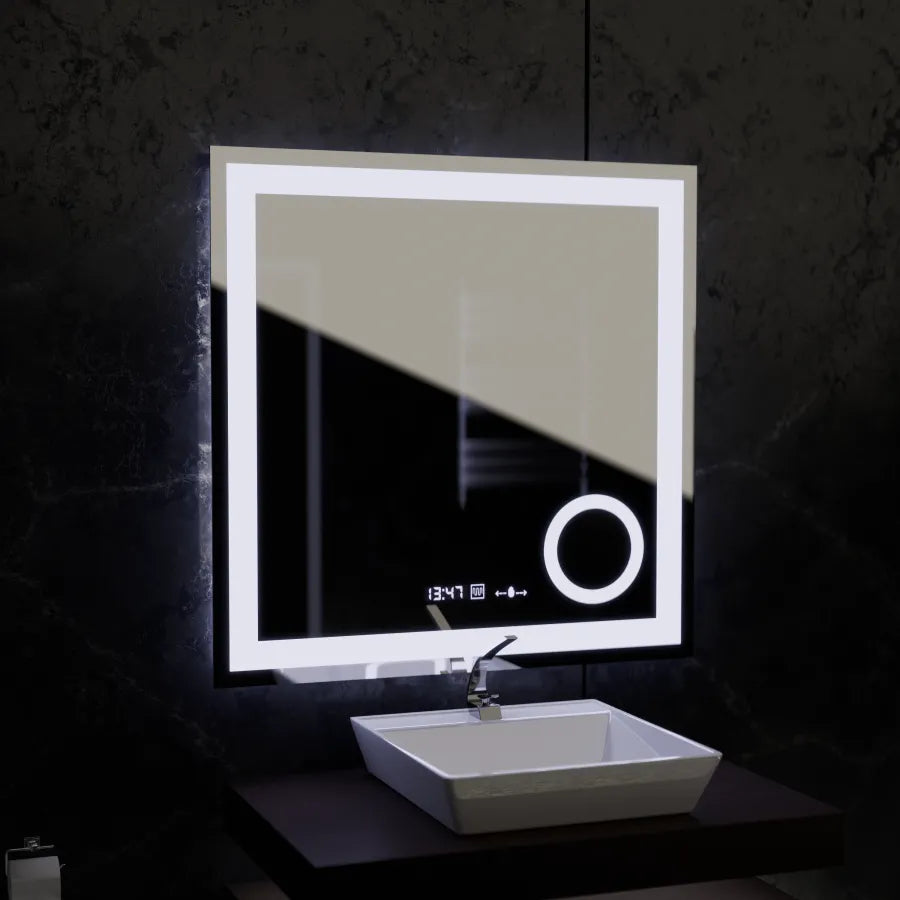 Téglalap alakú LED -tükör, 80x80cm, Souverain MotionGlow Marcello, helyettes rendszer, óra és hőmérő, kozmetikai lupa, dimálható