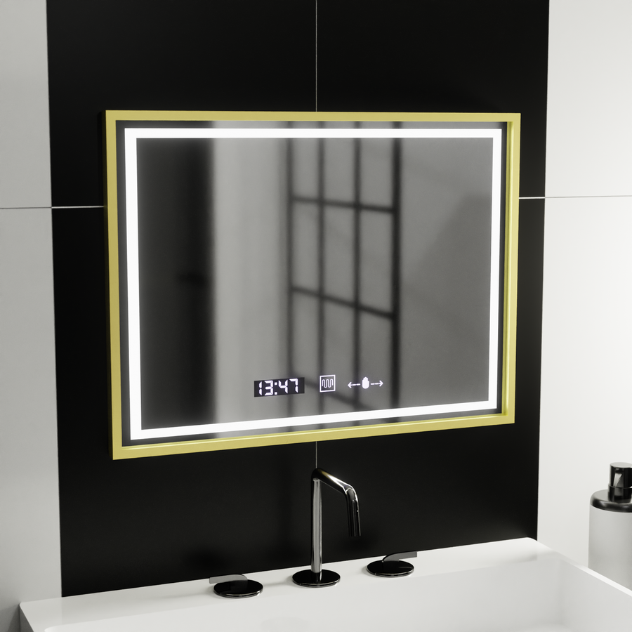 Téglalap alakú LED -tükör, 80x60 cm, Royale Gold MotionGlow Marcello, Deprover, óra és hőmérő, dimálható