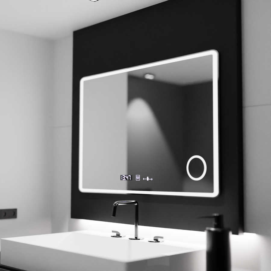Mirror LED téglalap alakú 120x80 aura riflesso puro mozgásglow marcello, leolvasztási rendszer, hőmérő és óra, dimálható