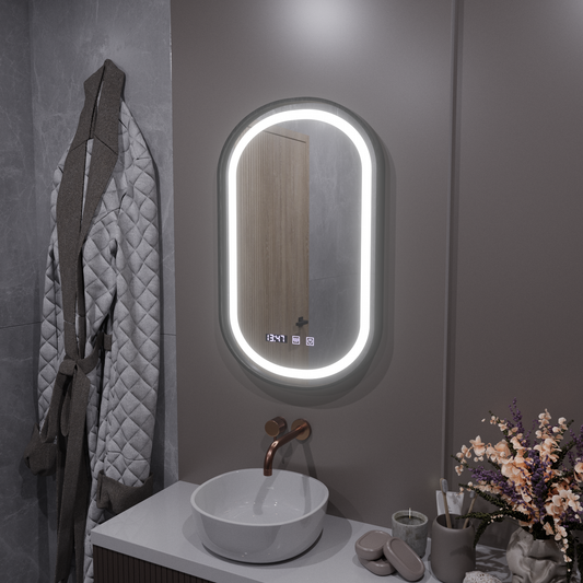 Helmut LED Touch Mirror páramentesítő rendszer, óra és hőmérséklet 50x90 cm fekete keret szálcsiszolt Marcello Funghi