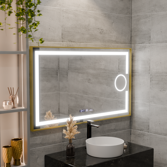 Téglalap alakú LED -tükör, 110x65cm, ECLAT MotionGlow Marcello, leolvasztási rendszer, óra és hőmérő, kozmetikai lup