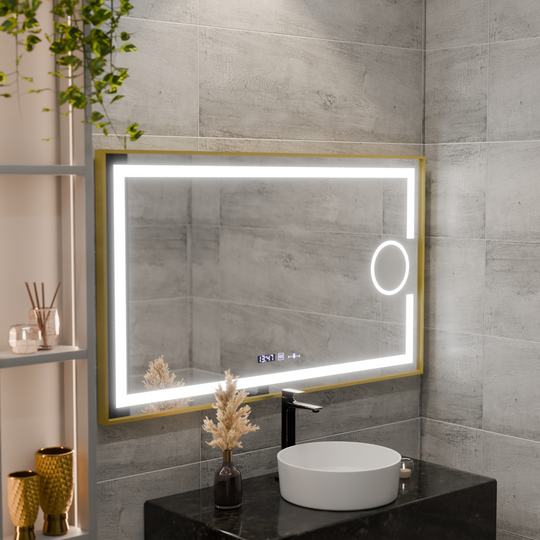 Négyszögletű LED tükör, 120x80 cm, Eclat MotionGlow Marcello, páramentesítő rendszer, óra és hőmérő, kozmetikai nagyító, szabályozható, szálcsiszolt arany keret Marcello tükrök alapértelmezett cím Alessandro Design