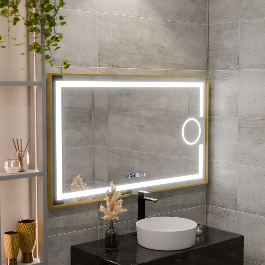 Téglalap alakú LED -tükör, 110x65cm, ECLAT MotionGlow Marcello, leolvasztási rendszer, óra és hőmérő, kozmetikai lup