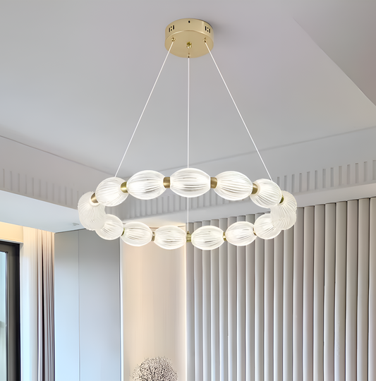 A LED -csillár felfüggesztette a Fausto II távirányítóval, 43W, hideg/forró/semleges fény, instabil, állítható magasság, arany