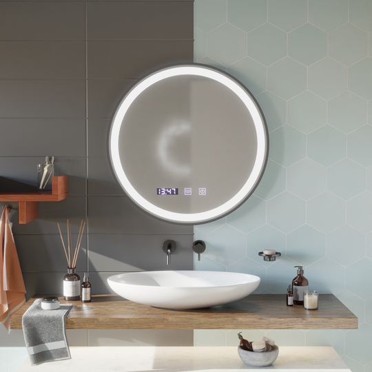 LED érintőtükör NOVARA páramentesítő rendszer, óra és hőmérséklet 90 cm fekete keret szálcsiszolt tükrök Korman S alapértelmezett cím Alessandro Design