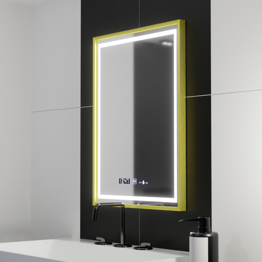 Téglalap alakú LED -tükör, 50x70 cm, royale aranymozgás fényes marcello, helyettes rendszer, óra és hőmérő, dimálható