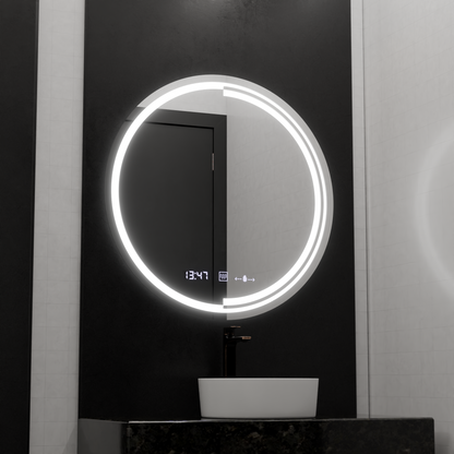 Kerek LED -tükör, 60 cm, MotionGlow érzékelő Consuel Marcello, helyettes rendszer, óra és hőmérő, dimálható