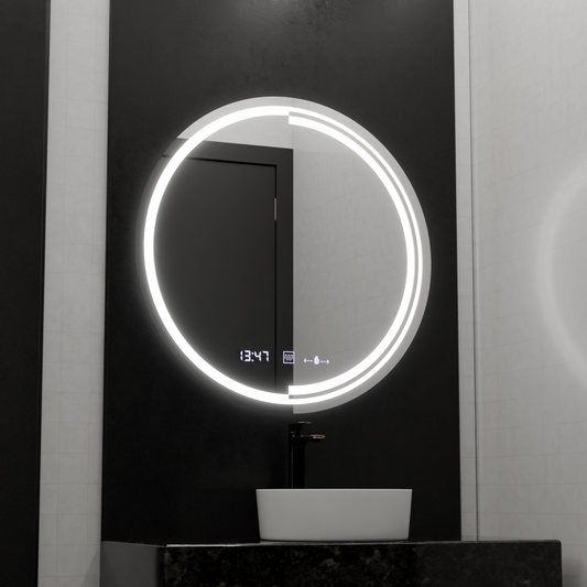 Kerek LED -tükör, 60 cm, MotionGlow érzékelő Consuel Marcello, helyettes rendszer, óra és hőmérő, dimálható