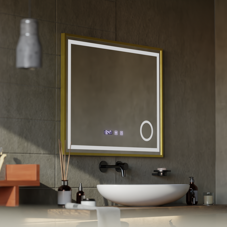 Mirror LED Touch Rolf Rolf Systems, óra és hőmérséklet 80x60 cm Arany Ramahed Cosmetics Lup