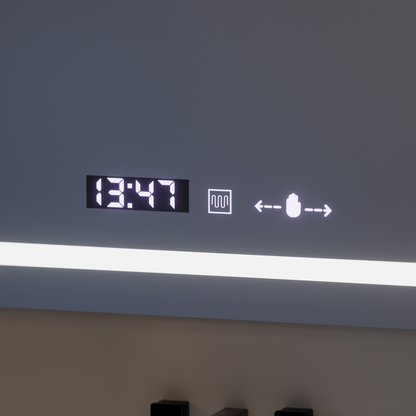 Téglalap alakú LED -tükör, 110x75 cm, Eclat MotionGlow Marcello, helyettes rendszer, óra és hőmérő, kozmetikai lup