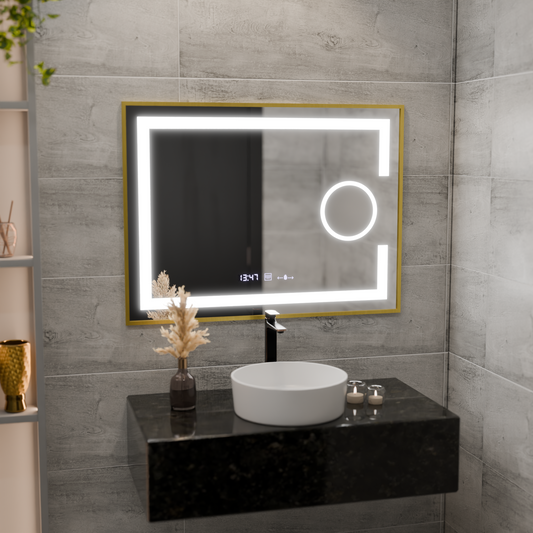 Téglalap alakú LED -tükör, 80x60 cm, Eclat MotionGlow Marcello, helyettes rendszer, óra és hőmérő, kozmetikai lup, dimablázható, arany ramacsiszolt