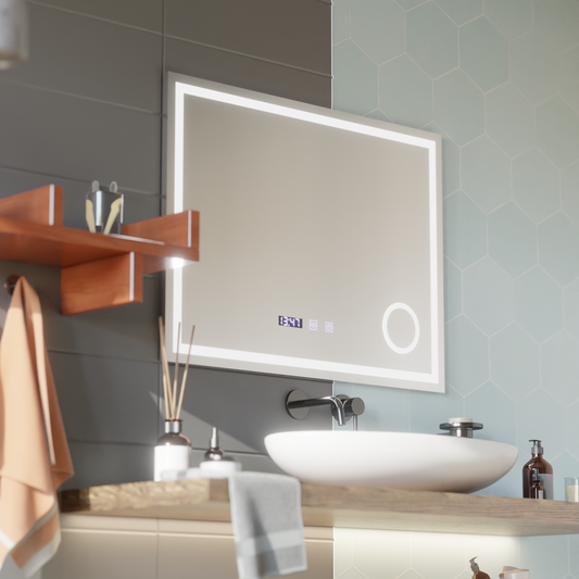 NIVERA LED Touch Mirror páramentesítő rendszer, óra és hőmérséklet 80x60 cm kozmetikai nagyító