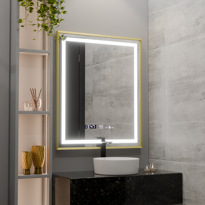 Téglalap alakú LED -tükör, 75x90 cm, Royale Gold MotionGlow Marcello, Discanting System, óra és hőmérő