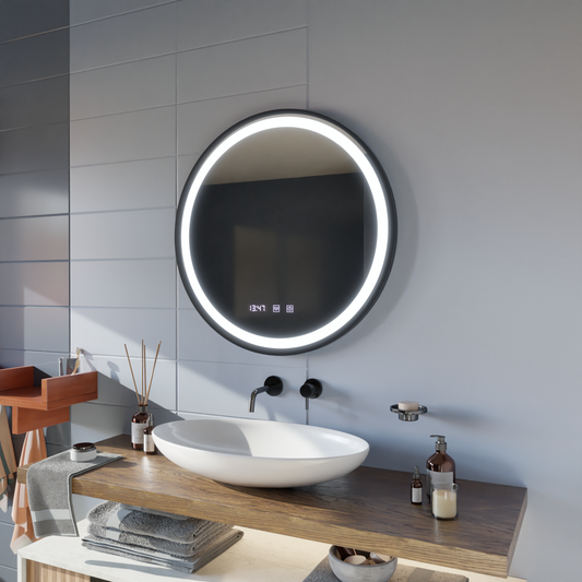 Mirror LED Touch NOVARA páramentesítő rendszer, óra és hőmérséklet 60 cm szálcsiszolt fekete keret