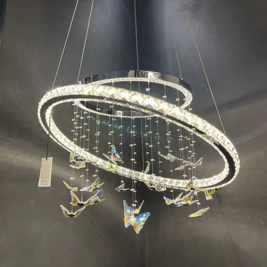LED -csillár, távirányítóval és Crystal Mia Latifah 70W -vel felfüggesztve, 2 kör, hideg/forró/semleges fény, instabil, fényes króm, állítható magasság