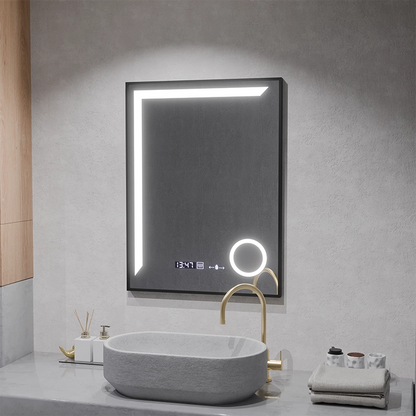 LED tükör Érzékelő MotionGlow Francesca 60x80 cm meleg/hideg/semleges fény szabályozható fekete keret szálcsiszolt páramentesítő rendszer hőmérő óra Marcello Funghi kollekció