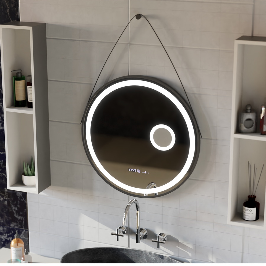 Kerek LED -tükör, 60 cm, Micah Motionglow érzékelő Marcello, leolvasztási rendszer, óra és hőmérő, kozmetikai lupa, dimálható