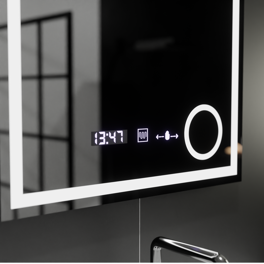 Téglalap alakú LED -tükör, 60x60 cm, Souverain MotionGlow Marcello, Debrunion rendszer, óra és hőmérő, kozmetikai nagyító