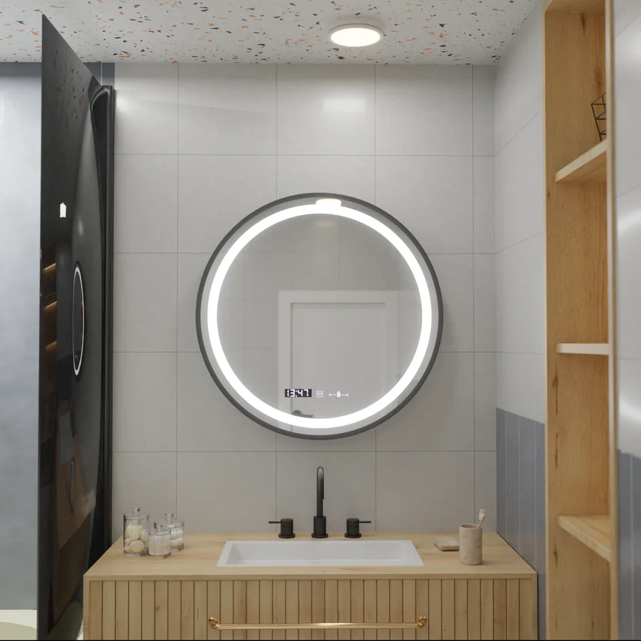 Kerek LED -tükör, 60 cm, Celeste Majesti Noir EleVe Motionglow Marcello, Szabadságrendszer, óra és hőmérő, Dimable