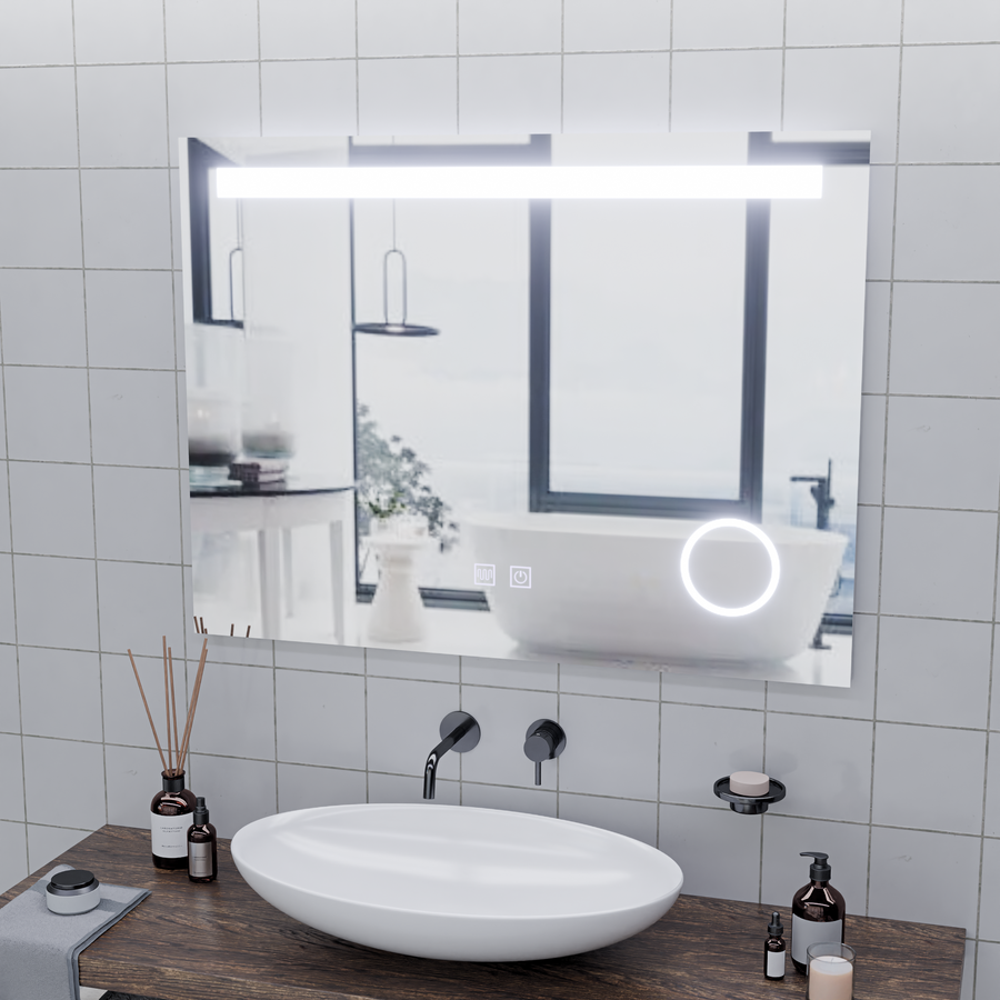 Téglalap alakú LED tükör, 80x60 cm, Piano Touch, Páramentesítő rendszer, Tompítható, Hideg fény 6000K