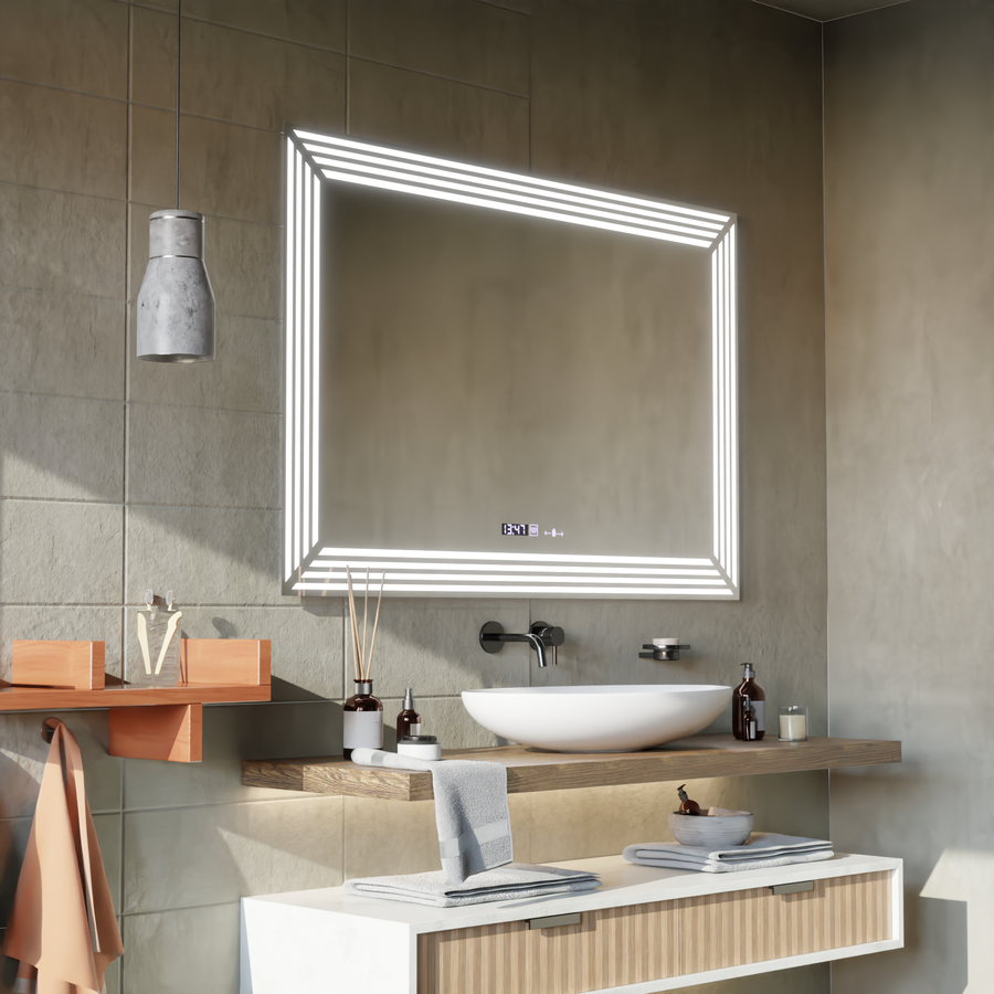 Téglalap alakú LED -tükör, 60x80cm, venezia érzékelő mozgásglow marcello, leolvasztási rendszer, óra és hőmérő, dimálható