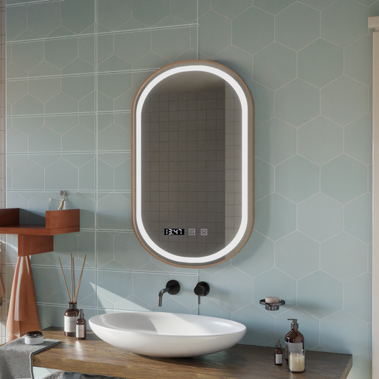 Konrad LED Touch Mirror páramentesítő rendszer, óra és hőmérséklet 50x80 cm csiszolt arany keret, meleg, semleges hideg fény 3000K/4000K/6000K