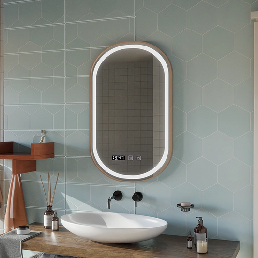 Konrad LED Touch Mirror páramentesítő rendszer, óra és hőmérséklet 50x80 cm csiszolt arany keret, meleg, semleges hideg fény 3000K/4000K/6000K